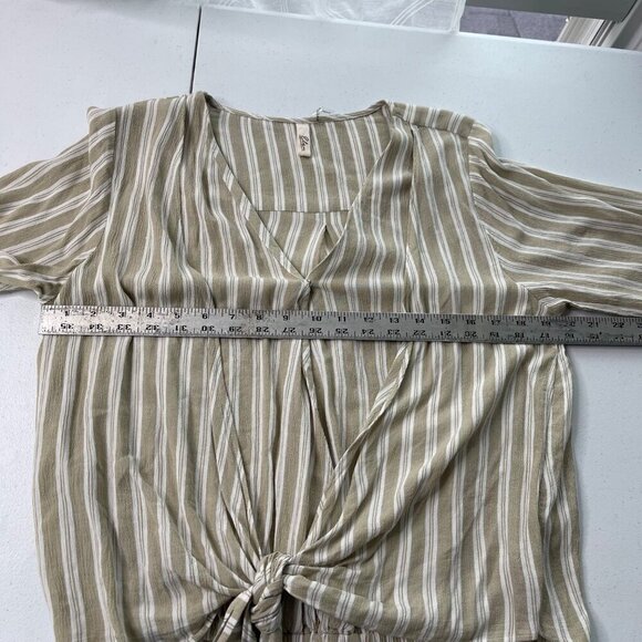Elan Top Women's M Tan White Stripe Cross Over‎ Tie Front Roll Tab Sleeve Breezy - Picture 8 of 10